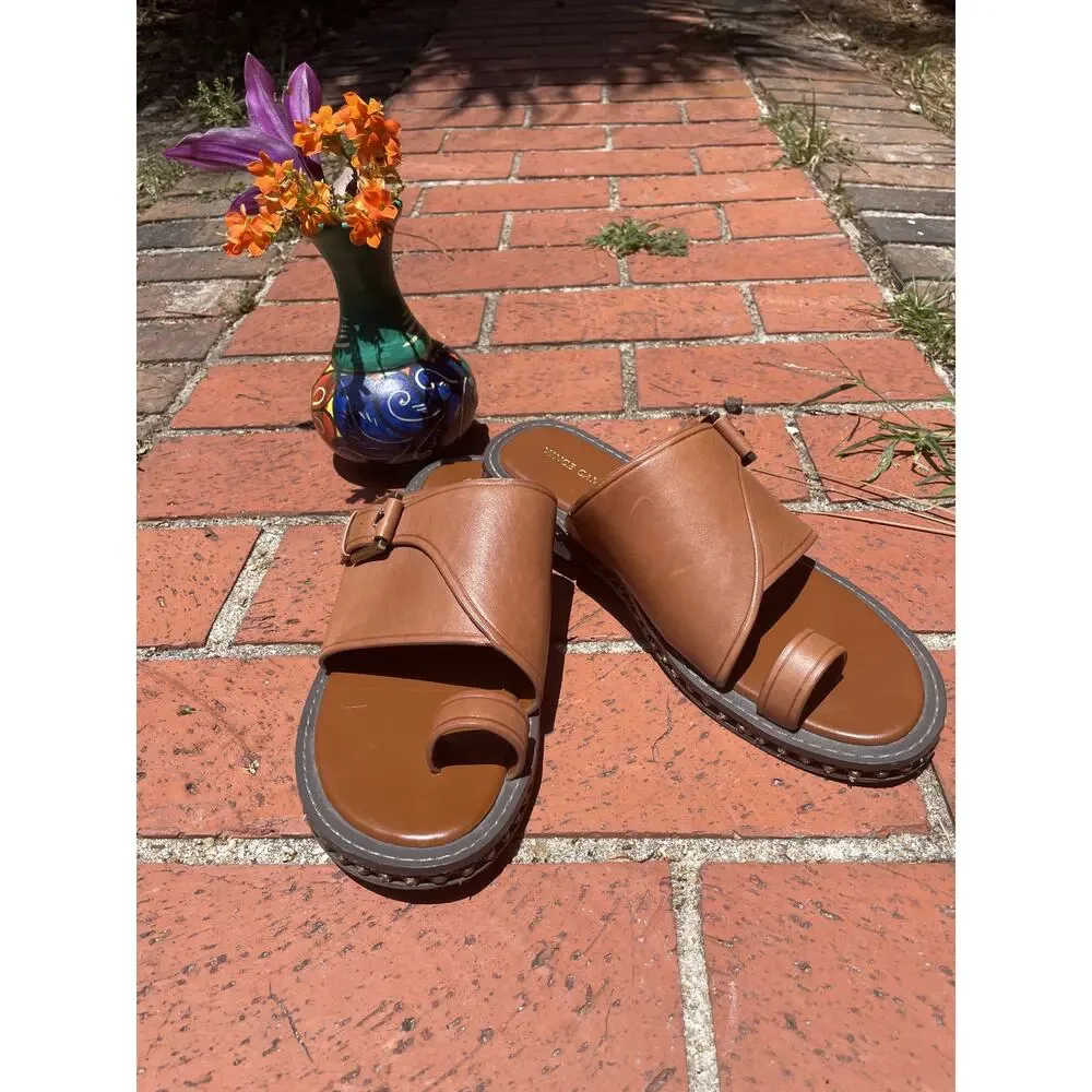 Vince Camuto Cooliann Toe Ring Leather Slide Sandals Tan Cognac Women's 8